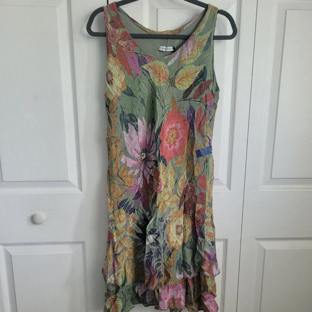 NEW TEMPO PARIS Vintage Cotton Gauze Dress Olive Floral Size L